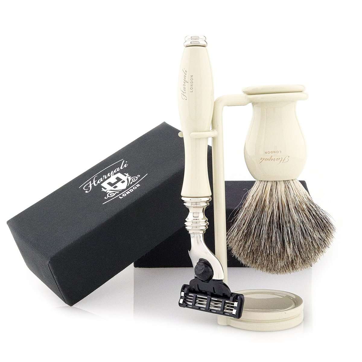 Haryali London Mens Shaving Kit 3 Edge Razor with White Badger Hair Brush and Stand Perfect Set for Men