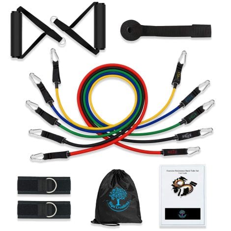 Resistance band set for both genders. Home workout equipment that includes tubes, foam handles, ankle straps, door anchor, and carrying pouch. Suitable for physiotherapy, pilates and yoga.