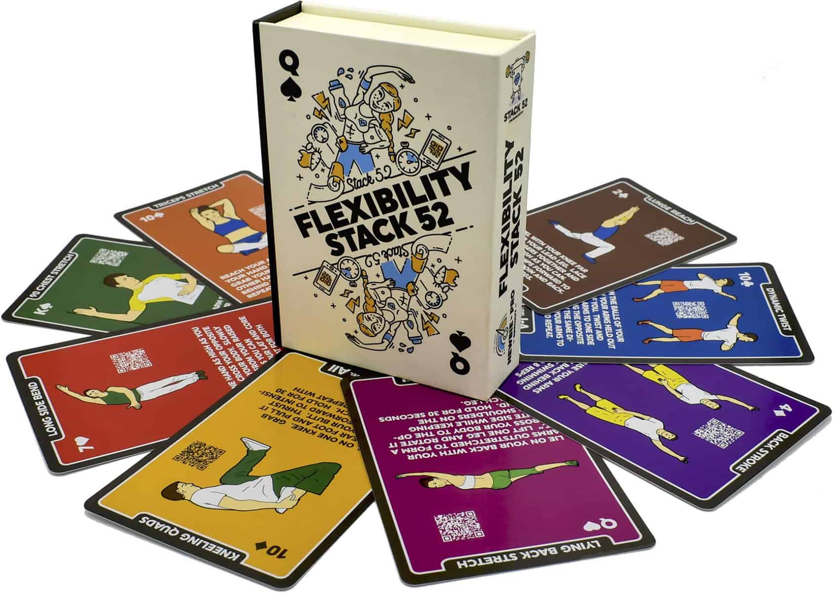 Stack 52 Flexibility Exercise Cards. Learn Static and Dynamic Stretches. Video Instructions Included. Perfect for Workout Warm Ups and Cooling Down. Increase Joint Range of Motion.