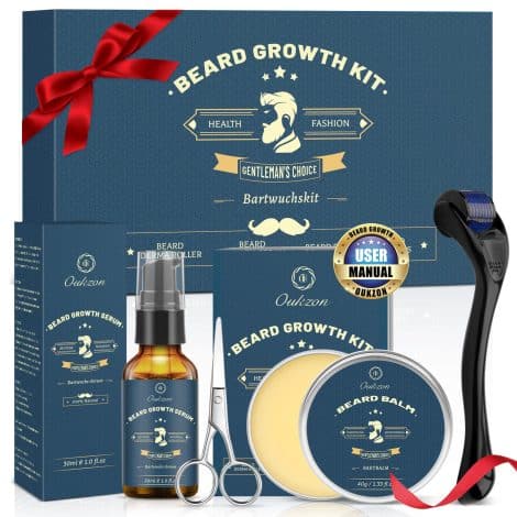 Oukzon Beard Roller Kit – Promotes beard growth with grooming essentials for men, including oil, balm, scissors. Perfect gifts for men, fathers, and partners.