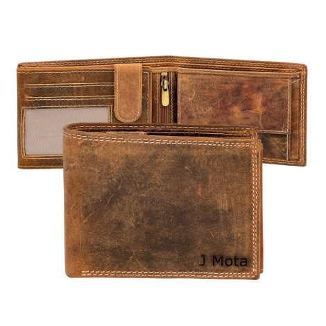 STARHIDE Engraved Personalised Men’s Real Leather Coin Pocket Wallet with RFID Blocking in Distressed Brown.