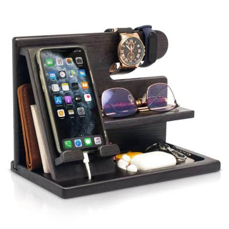 Teslyar Wooden Phone Docking Station, Ideal Father’s Day Gift, Key Rack, Wallet Stand, Organiser for Desk, Christmas Anniversary Present for Dad.