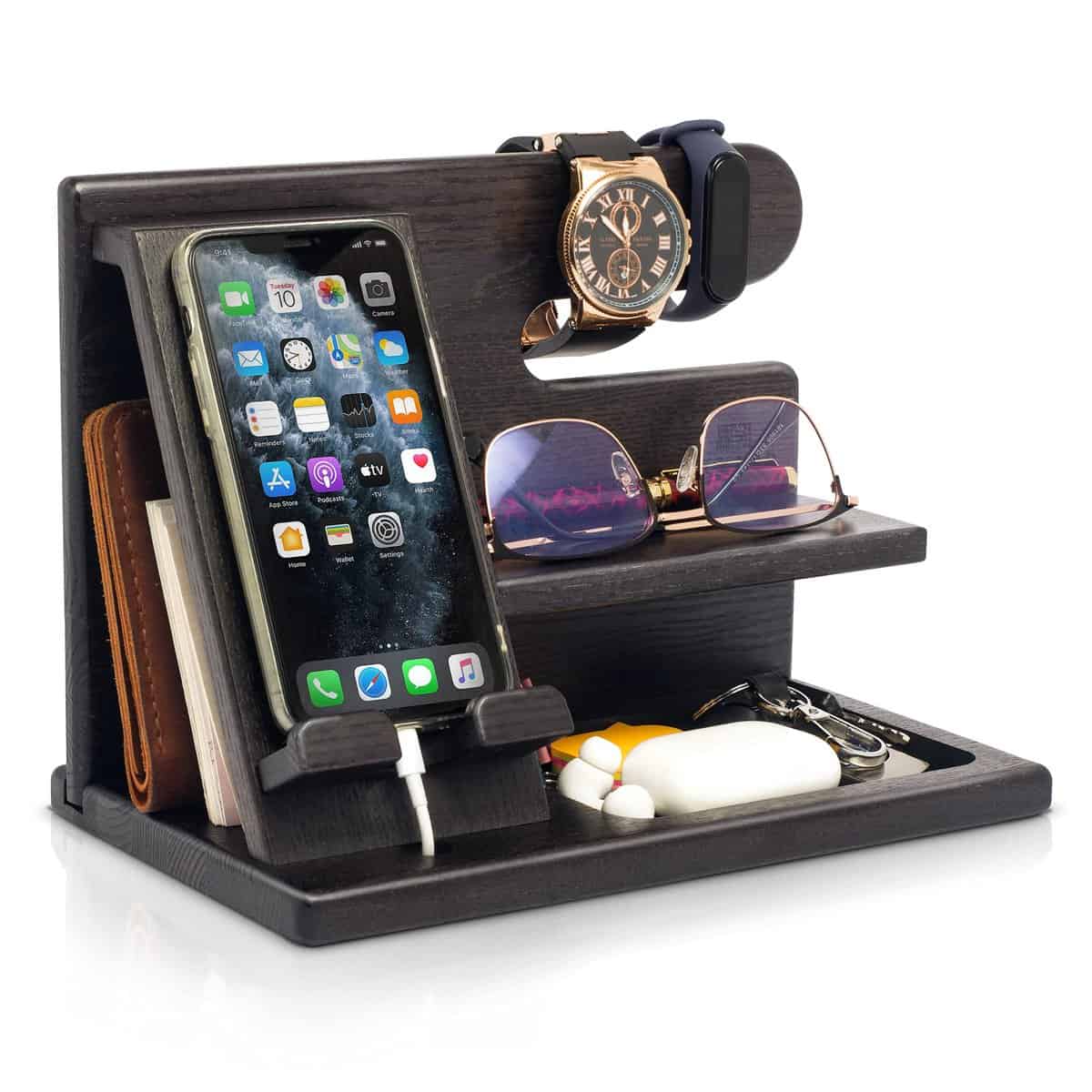 Teslyar Gifts for Men Wood Phone Docking Station Fathers gifts Key Holder Wallet Stand Desk Organizer Xmas gift Anniversary Dad Birthday Present for Men Gifts for Dad Men's Nightstand (Black)