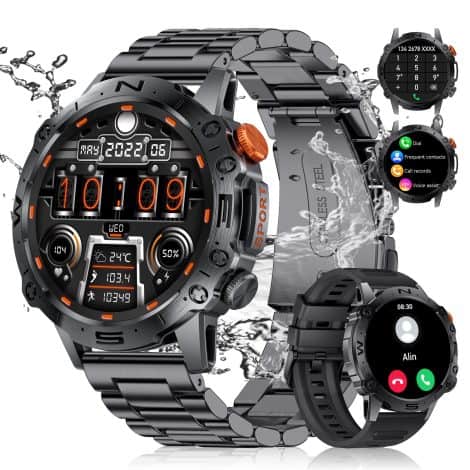 Intelligent timepiece designed for males, featuring 1.43″ AMOLED display, Bluetooth calling, 126 sport options, and health tracking functions. Comes with two straps and is waterproof. Compatible with Android and iOS.