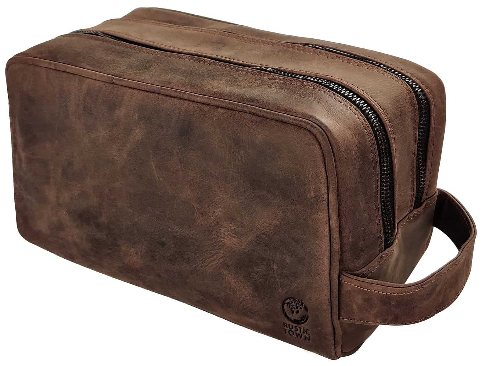 Rustic Town Genuine Leather Handmade Travel Toiletry Bag - Wash Bag, Shaving Kit & Make Up Kit - Travel Gift for Men & Women