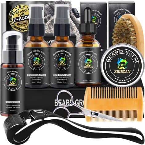 Beard Growth Set with Beard Cleanser, 2 Beard Serums, Beard Oil, Beard Balm, Comb, Brush, Scissors, Bag, EBook. Perfect for Men’s Christmas Gifts.