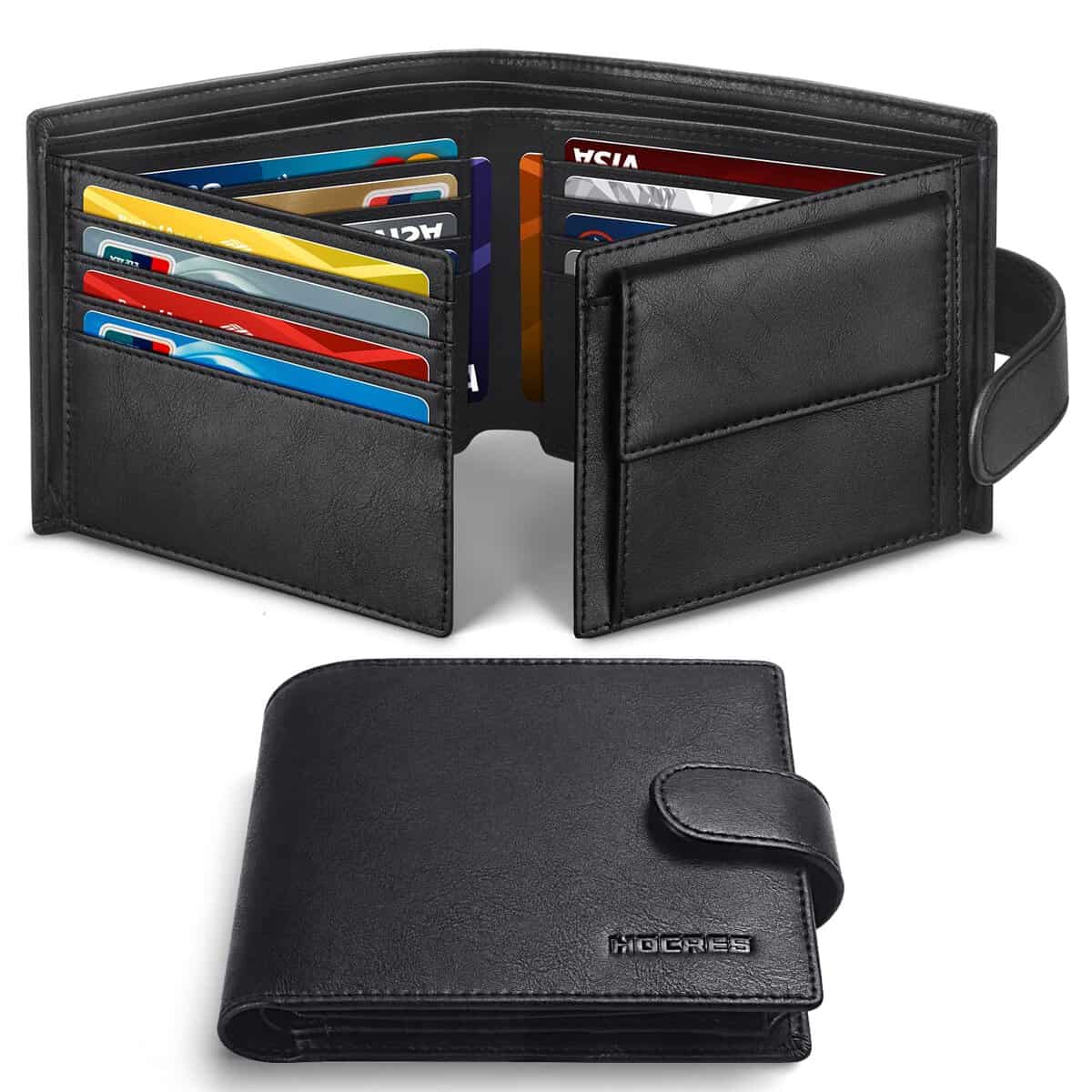 HOCRES® Wallets with Gift Box for Men, Minimalist, RFID Blocking, Leather Wallet with 14 Credit Card Holders, 2 Banknote Compartments, 2 ID Window