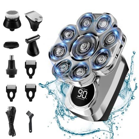 Emooncn 9D Head Shavers for Gents, 10 in 1 Cordless Electric Razor with LCD Display, Ideal Men’s Grooming Set