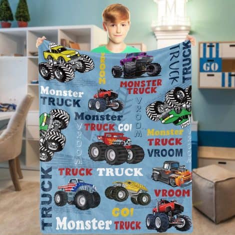 Blue Monster Truck Throw Blanket for Boys – Soft, Cozy Flannel Car Blanket with Track Design, Ideal Gift for Teenagers, Men. Suitable for Sofa, Couch or Bed Decoration. Size: 130x152cm.