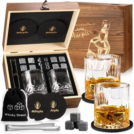 Burbon Retirement Gifts for Men: Complete Whiskey Glass Set with 8 Stones, 2 Twisted Glasses, and 2 Coasters.