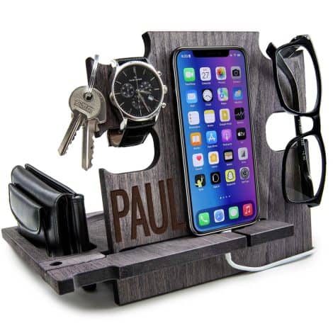 GRETAOTO Wooden Mobile Dock Station Personalised Gifts for Men Phone Rack Wallet and Key Organiser Charging Stand Dad Christmas Gifts