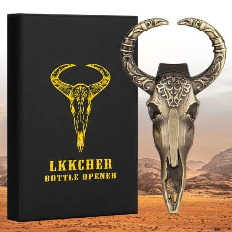 LKKCHER Cow Skull Presents, Bull Skull Ale Opener, Ale Presents for Males Females Dad Son Him Her, Presents for Males with Gift Box and Card, Bull Head Present, Birthday Present, Father’s Day Present, Bronze.