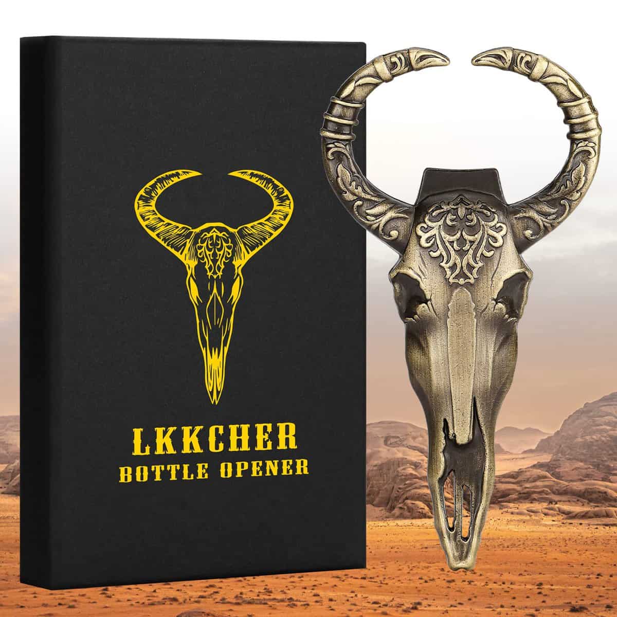 LKKCHER Cow Skull Gifts, Bull Skull Beer Bottle Opener, Beer Gifts for Men Women Dad Son Him Her, Gift Ideas for Men with Gift Box and Card, Bull Head Gift, Birthday Gift, Father's Day Gift, Bronze