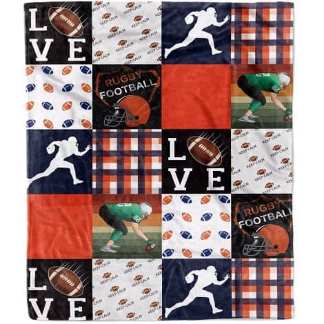 Rugby Football Flannel Fleece Blanket – a lightweight, cozy and soft throw blanket for adults; ideal Valentine’s Day gift.