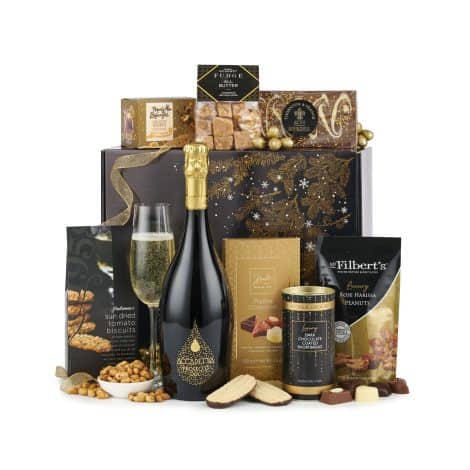 Luxurious hamper with sparkling wine, chocolate, and a variety of sweet and savory treats to enjoy together. Includes 8 delightful items.