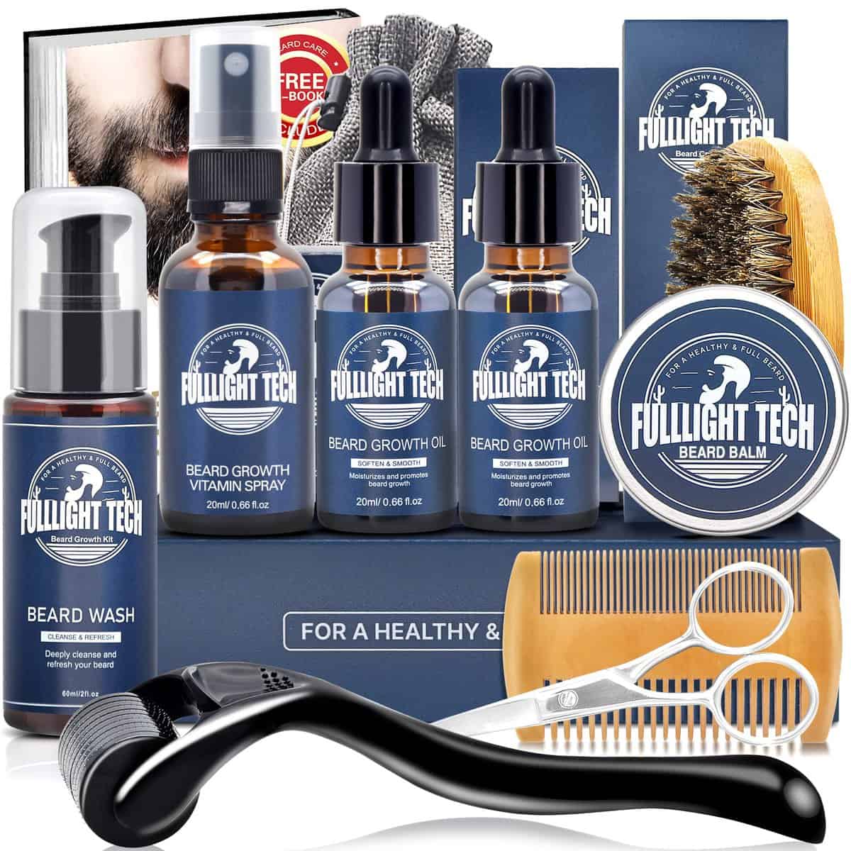 Beard Growth Kit,Beard Grooming Kit for Men W/Beard Growth Oil,Beard Shampoo,Balm,Comb,Scissors,Brush for Grooming & Shaving,Ebook,Birthday Fathers Gifts for Men Him Dad Husband Boyfriend