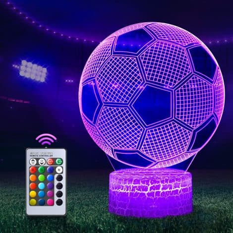 Football Night Light, Football Presents for Boys and Girls or Ornament, Football 3D Optical Illusion Lamp with 16 Colours Control, Decorative Table Lamp Perfect as a Christmas, Birthday Gift for Sports Enthusiasts.