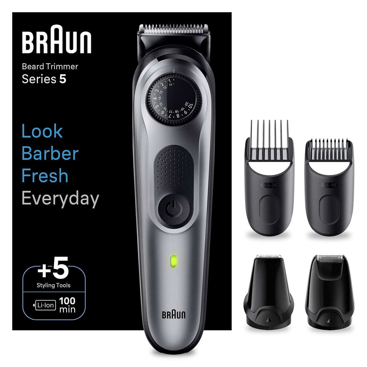 Braun Beard Trimmer Series 5 & Hair Clippers, 40 Length Settings, Rechargeable 100-min Cordless Runtime & Waterproof, Gifts for Men, BT5440, Silver, Rated Which Best Buy