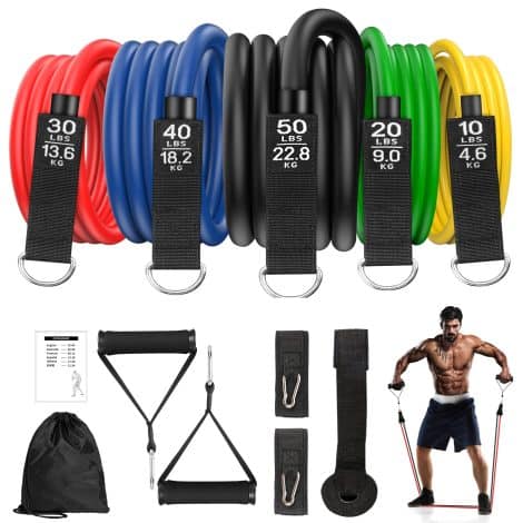 Fitness Bands, Resistance Bands Kit for Men, Workout Bands, Exercise Bands with 5 Fitness Tubes, 2 Foam Grips for Strength Training at Home