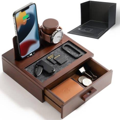 Men’s bedside caddy – Distinctive festive gift – Wooden phone stand for charging devices and organizing watches & belongings – Wooden charging dock with compartment & drawer.