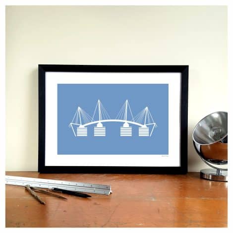 MCFC Manchester Football Club ground design art print featuring the Etihad Stadium in Eastlands, Manchester.