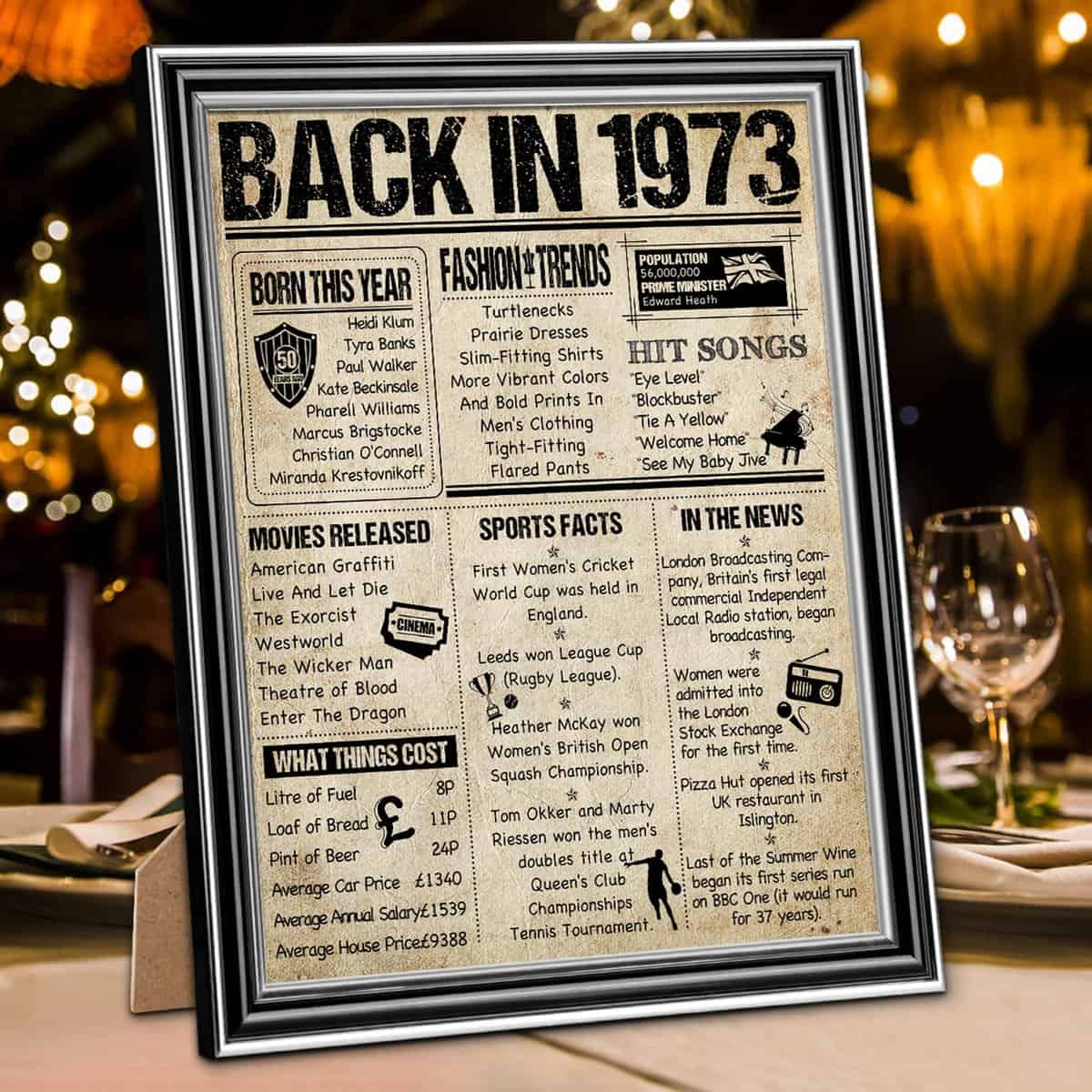 Benjia Back 1973 Poster Framed UK, Happy 50th Birthday Party Decoration Supplies 8x10 Inch Home Decor Card Gift 50 Years Old Birthday Wedding Poster For Men Women (Vintage, 8x10)