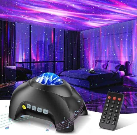 Galaxy Projector, a star emitter that illuminates rooms with celestial visuals, including sound, ideal for home ambiance or gaming, suitable for all ages.