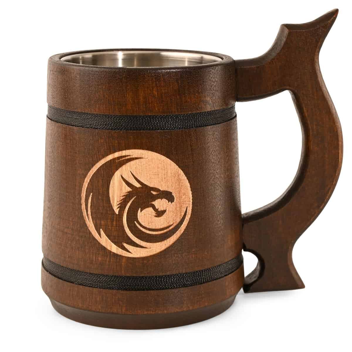 Teslyar 0.6 L Handcrafted Beer Gift - Wooden Beer Mug | Authentic Viking & Medieval Wooden Tankard - Beer Gifts for Men Birthday or Christmas | Stainless Steel Cup | Dragon Engraving