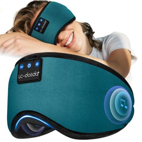 LC-dolida Bluetooth V5.3 Sleep Mask for Side Sleepers, Sleep Headphones with 14-hour Playtime, 100% Blackout Cotton Eye Covers, Travel Bag and Earplugs included.