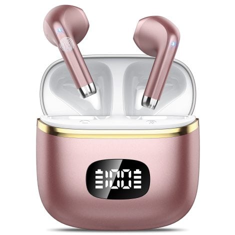 Rose Gold IP7 Waterproof Bluetooth Earphones with Touch Control, Wireless Headphones 40H Playtime and LED Display.