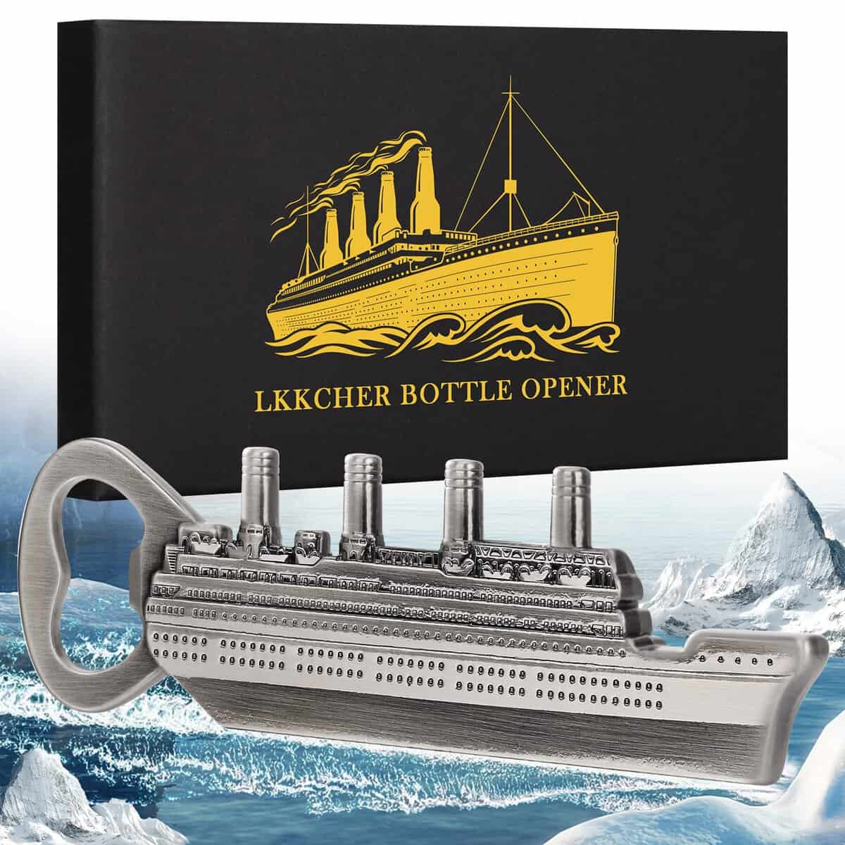 LKKCHER DESIGN Steamship Beer Bottle Opener, Beer Gifts for Men Women Dad Son Him, Christmas Gifts with Gift Box and Card, Classic Movie Merchandise, Birthday Gift, Father's Day Gift, Dark Silver