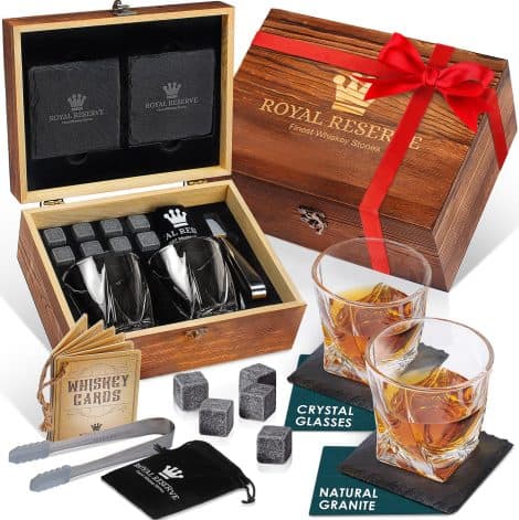 Whisky Present Package – Whisky Glass Set of 2, Whisky Stones, Drink Coasters & Wood Box – Birthday Gifts for British Men by Royal Reserve.