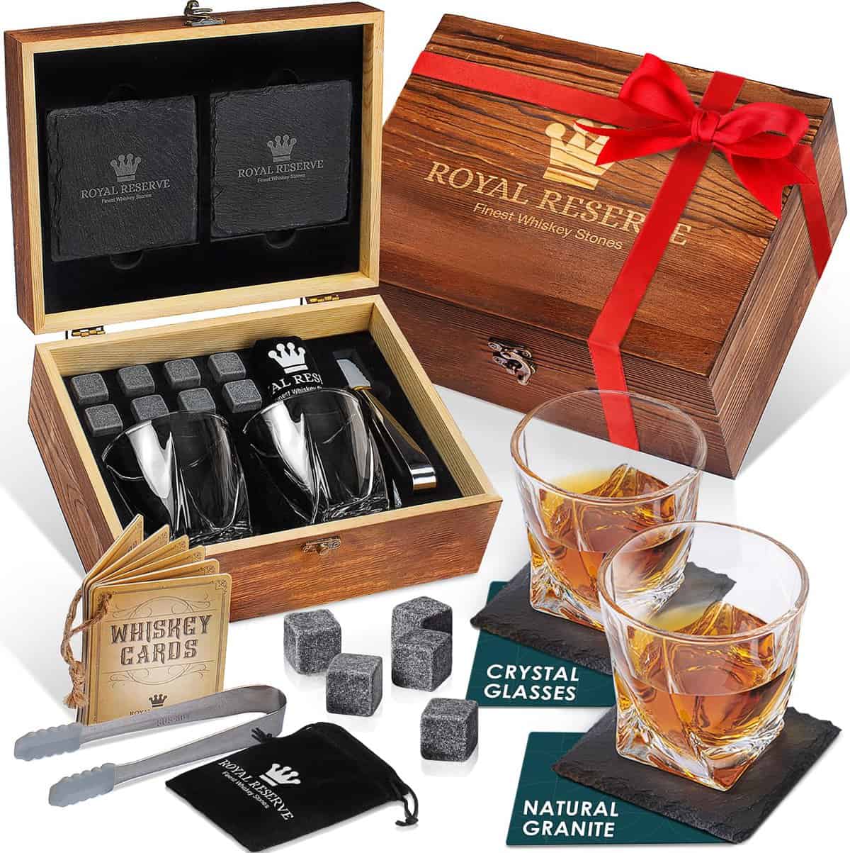 Whisky Gift Set  Whisky Glass Set of 2, Stones, Coasters & Wooden Box  Birthday Gifts for Men Husband Friend Dad Boyfriend Brother Boss Father in Law - Whiskey Gift Sets for Men by Royal Reserve