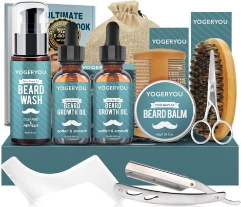 Men’s Beard Care Set with Straight Razor, Two Beard Oils, Cleanser, Balm, Brush, Comb, and Scissors. Ideal Gifts for Him.