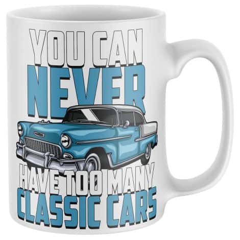 White Car Collector Coffee Cup – Hilarious Vintage Car Gifts for Men – Purple Print House Mug