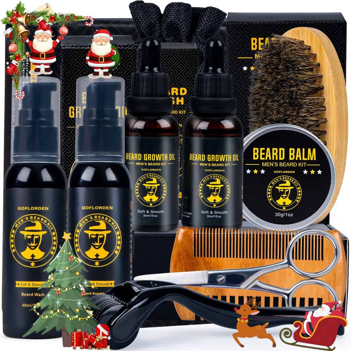 Beard Kit, Beard Grooming Kit for Men, Beard Growth Kit with Beard Roller, 2 Pack Beard Growth Oil, Beard Shampoo, Beard Conditioner, Beard Brush, Beard Balm, Beard Comb, Scissors