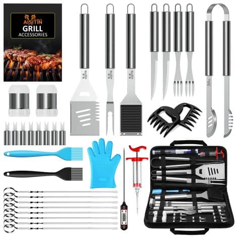 AISITIN BBQ Accessories is a 25-piece stainless steel tool set for outdoor parties and professional barbecuing, perfect as a gift on special occasions.