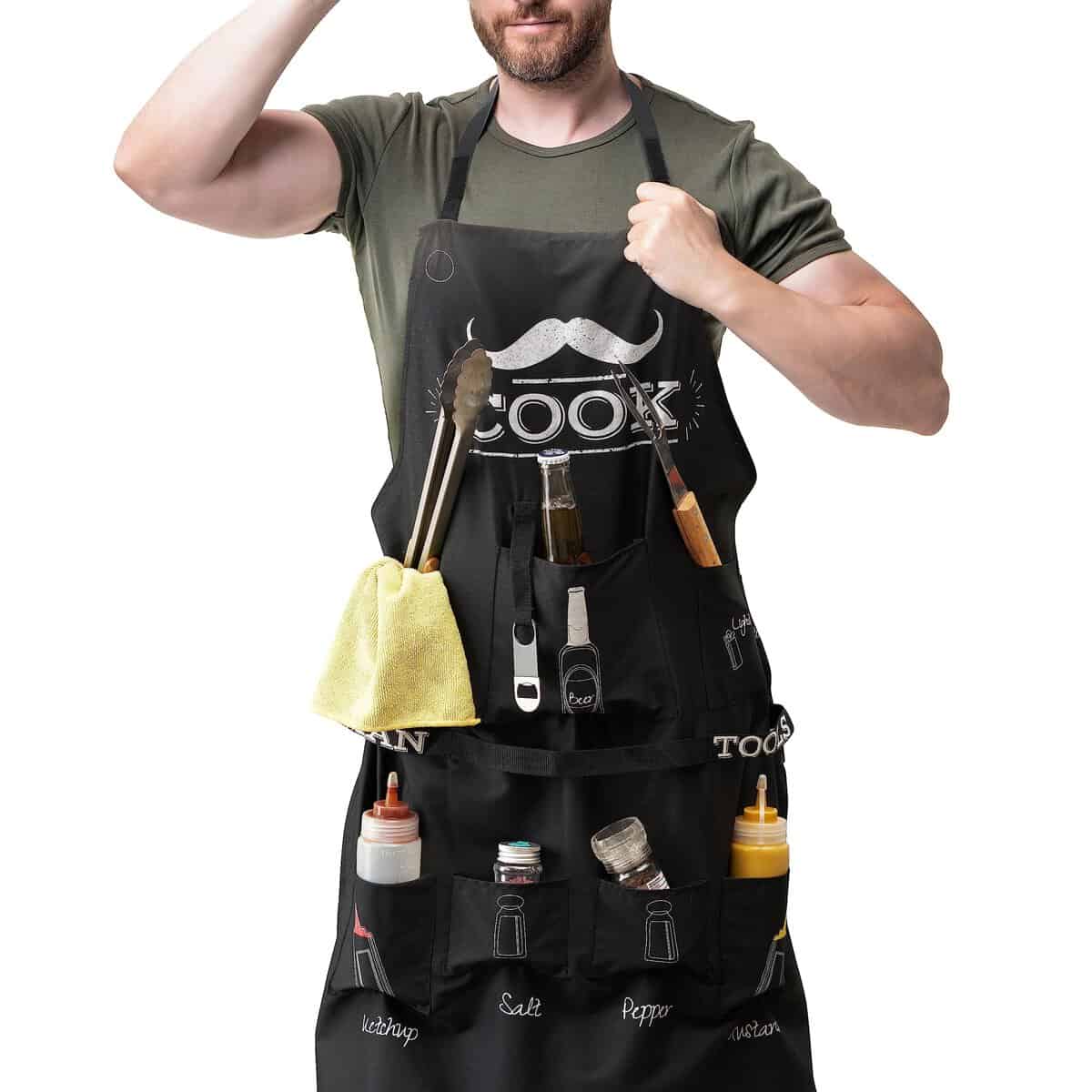 Bramble - Mens BBQ Chef Apron with Multi-Functional Pockets and Chef Hat - Waterproof Utility Apron, Funny BBQ Cooking Grilling Chef Gift, for Dad Husband Boyfriend at Birthday Garden Party