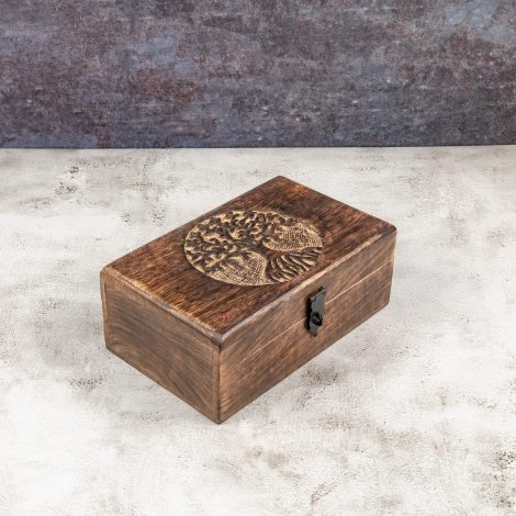 Samhita Handcrafted Mango Wood Tree of Life Engraved Exquisite Treasure Chest Jewelry Storage Solution Special Presents for Both Genders (Flame Worked Surface).