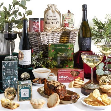 Christmas Gift Basket with Red Wine and Prosecco; Ideal for Couples, Families, and Women; by Clearwater Hampers.