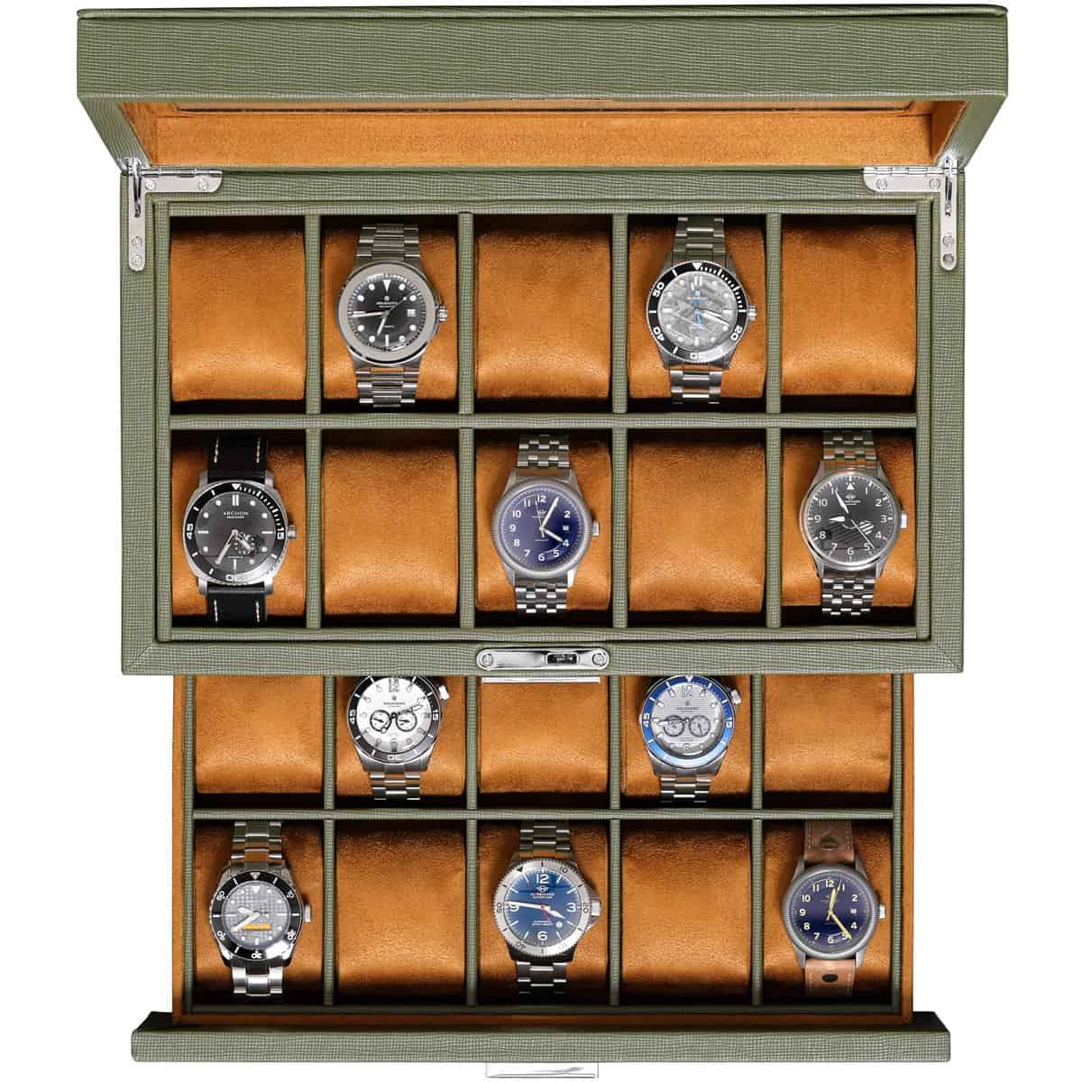 ROTHWELL 20 Slot Leather Watch box - Luxury Watch Case Display Jewelry Organizer, - Locking Watch Display Case Holder with Large Real Glass Top - Watch Box Organizer for Men and Women (Green/Tan)