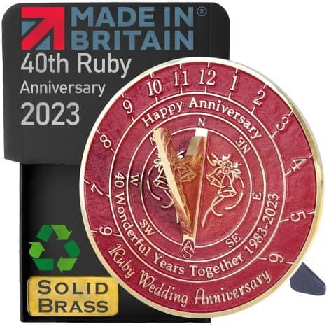 40th Ruby Wedding Anniversary Sundial Gift for 1983-2023. British-made recycled brass home decoration for parents, grandparents, friends, or couples.