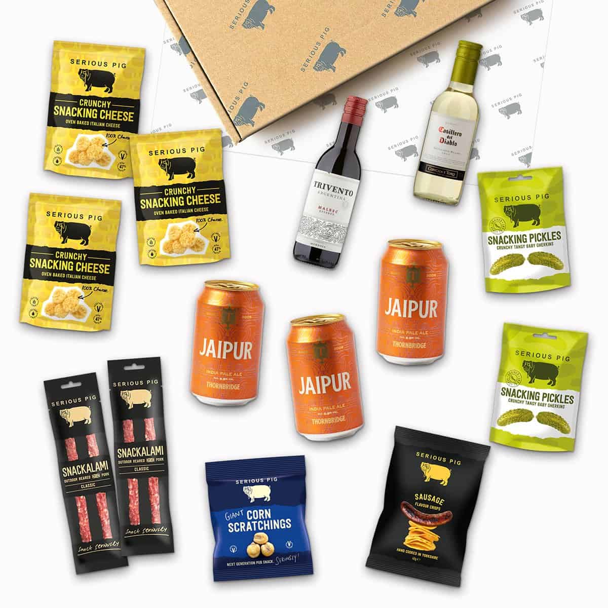 Serious Pig | Pub In The Post | With Craft Beer, Wine, Crunchy Baked Italian Cheese, Salami Sticks, Pickled Gherkins & More | Delicious Savoury Pub Snacks Gift Hamper (14 Packs)