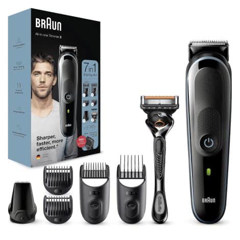 Braun MGK3245 7-in-1 Male Grooming Kit includes beard trimmer, hair clippers, Gillette razor, and precision trimmer.