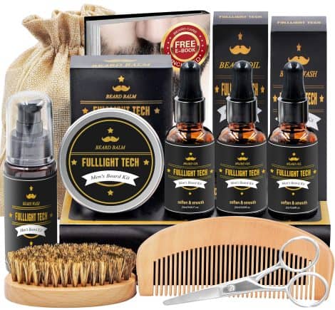 Men’s Beard Grooming Set with Beard Cleansing Shampoo, 3 Bottles of Beard Oil, Beard Trimmer, Brush, Balm, Comb, Scissors, and Gift Packaging.