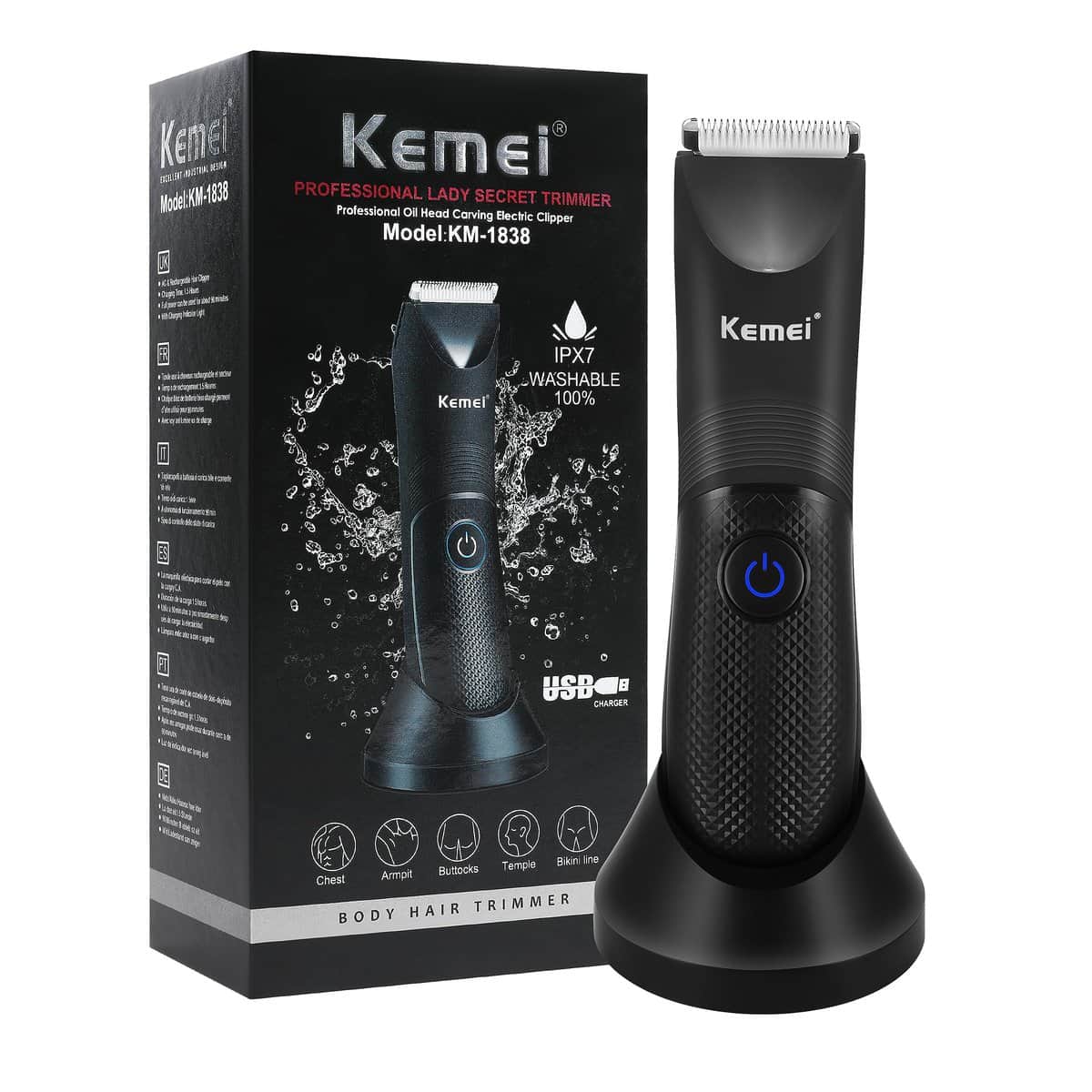 KEMEI Body Hair Trimmer Men, Balls Shavers, Electric Body Shavers for Beard and Pubic Area, Detachable Ceramic Blade, LED Light, IPX7 Waterproof Wet/Dry Groomer, Gift for Him