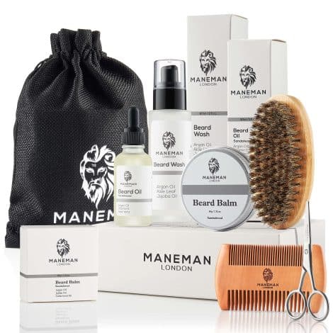 Maneman London Men’s Beard Care Kit – 7 Piece Gift Set, including shampoo, oil, and soothing itch relief.