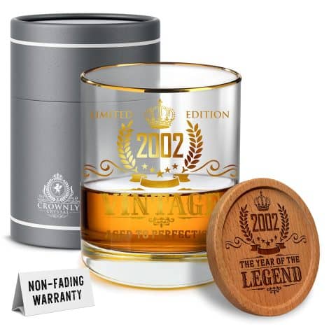 Kies®Gift Gold 2002 Whiskey Tumbler  Personalized 21st Birthday Presents for Men, Great Birthday Decor and Mens Drinkware.