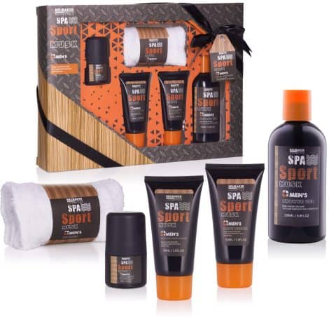 BRUBAKER Cosmetics Spa Sport Musk Men’s Body Wash/Shower Gel Gift Set with Washcloth, presented in a Gift Box – 5 Pieces.