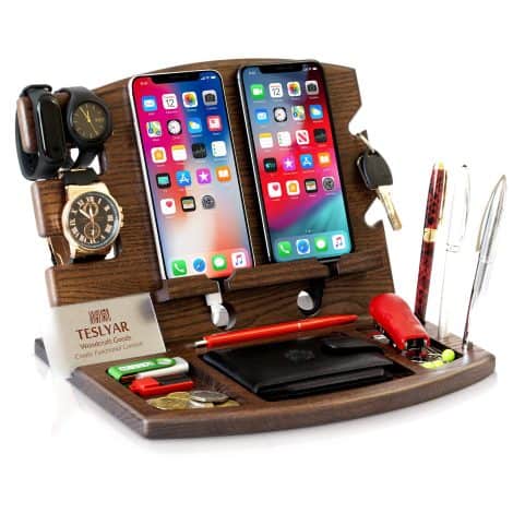 Teslyar | Presents for Men Eco-Friendly Twin Wood Phone Stand for Workstation Christmas Gift for Spouse Partner Father B-Day Gift Bedside Table Storage Wallet Holder Retail Devices (Dark Wood).